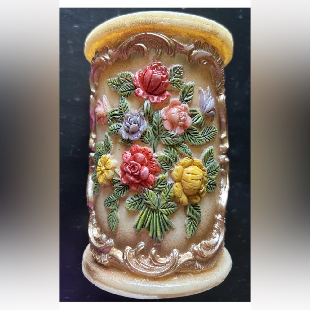 Vintage MCM Carved Candle Floral Painted 3D‎ Raised Accent Excellent Mothers Day